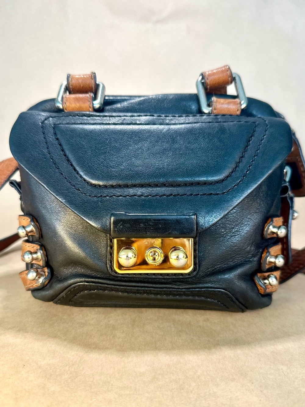 3.1 Phillip Lim Studded Mini Flap Crossbody Bag Black & Cognac Brown